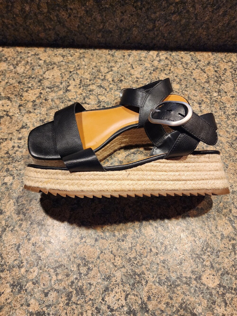 Ana Black Leather Espadrille Platform Sandals with Buckle, Size 7